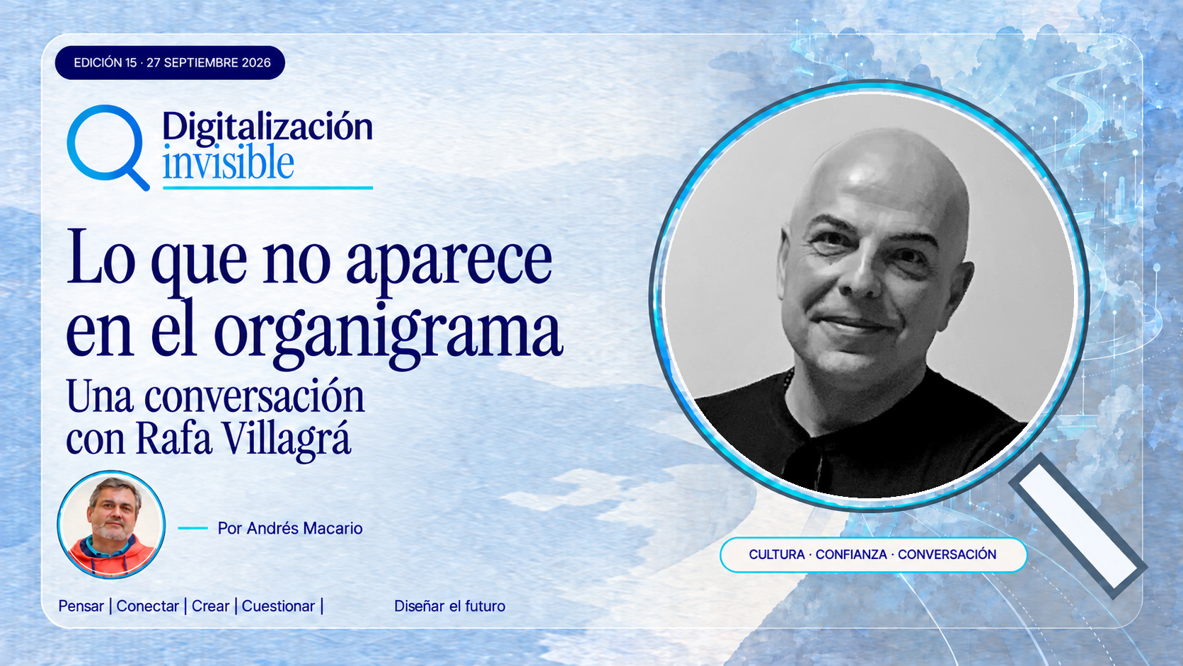 Digitalización invisible, edición 15: Lo que no aparece en el organigrama. Una conversación con Rafa Villagrá. Portada azul con retrato real de Rafa Villagrá en blanco y negro.