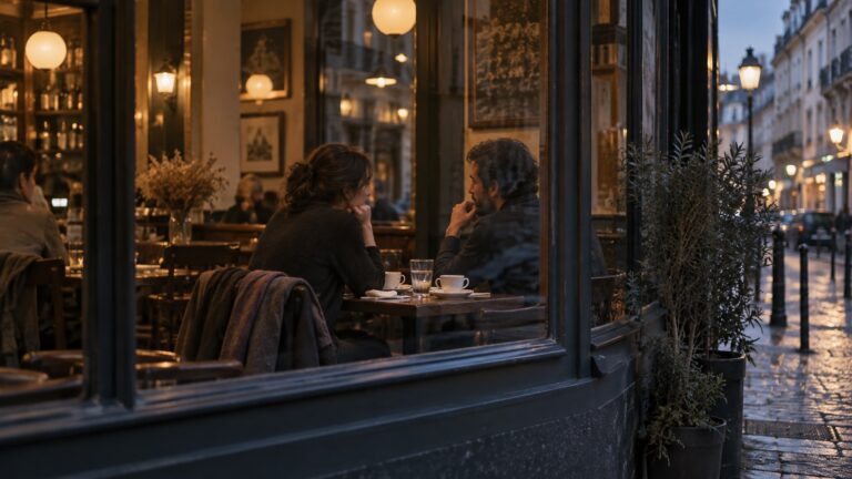 Dos personas conversan junto a la ventana de un café al anochecer, con dos tazas sobre la mesa.