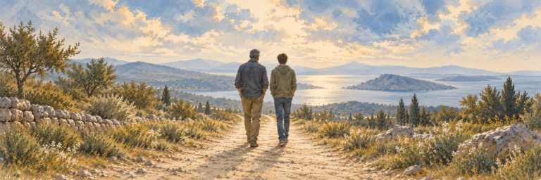 Ilustración de un padre y su hijo adolescente caminando juntos de espaldas por un sendero.