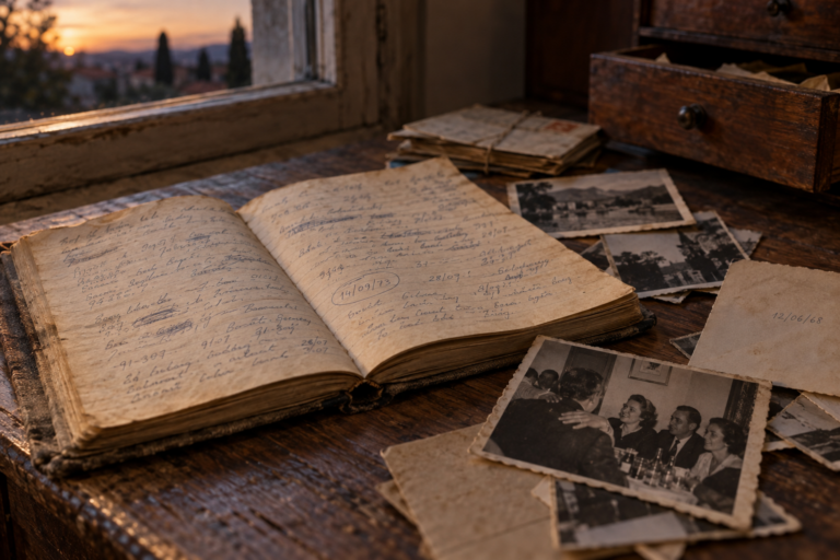 Cuaderno antiguo abierto con anotaciones manuscritas y fotografías familiares sobre una mesa de madera, iluminados por la luz del atardecer.