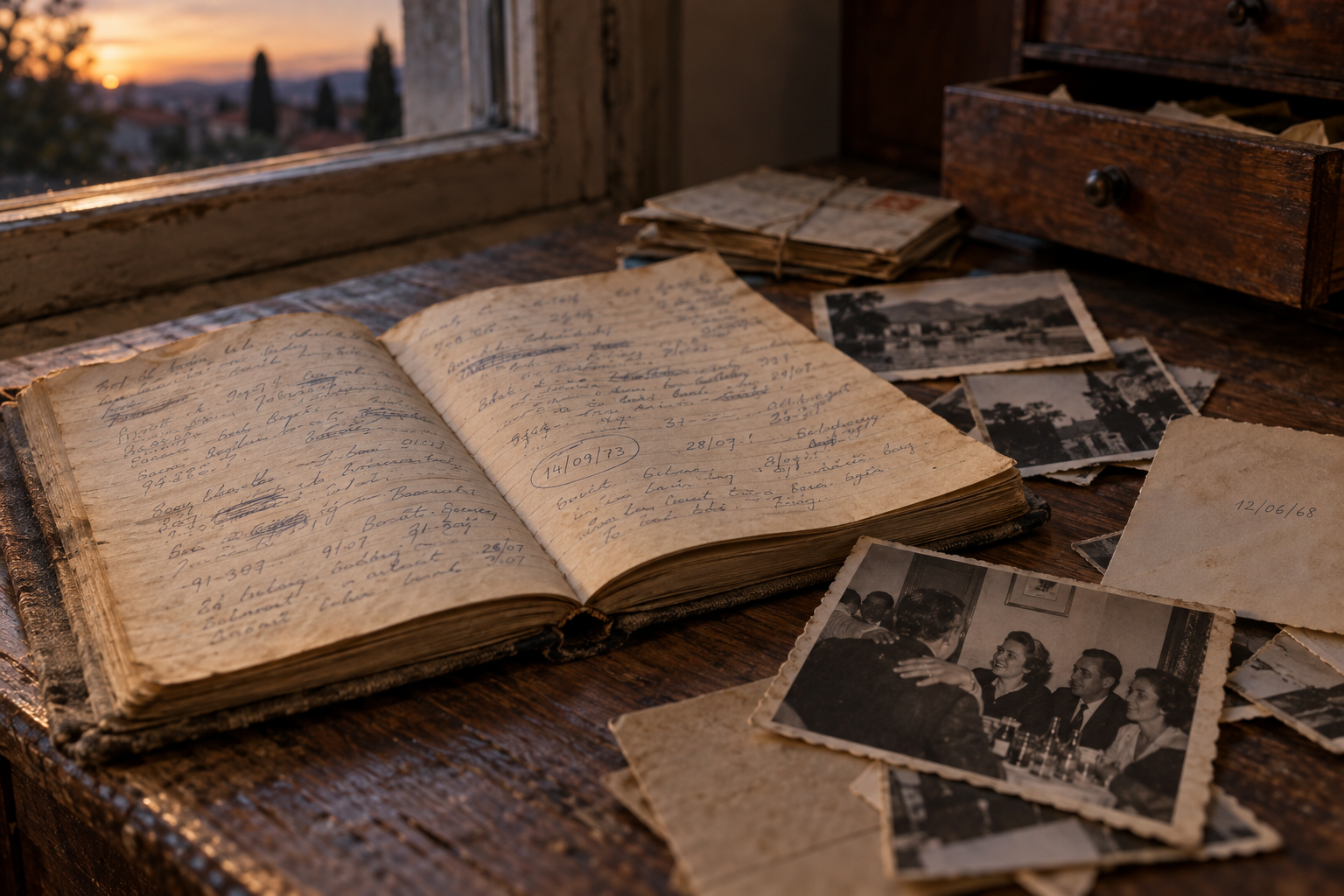 Cuaderno antiguo abierto con anotaciones manuscritas y fotografías familiares sobre una mesa de madera, iluminados por la luz del atardecer.